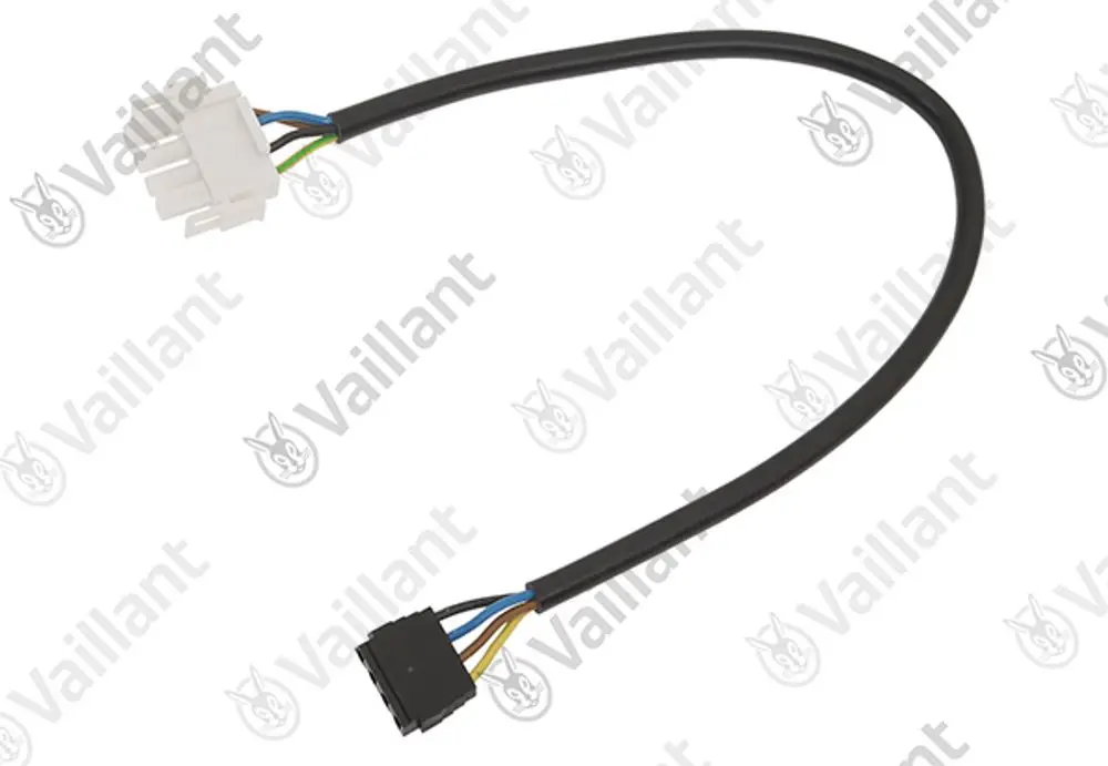 Kabel von Vaillant mit einem weißen und einem schwarzen Stecker, verbunden durch ein schwarzes Kabel mit mehreren farbigen Leitungen.